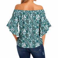 Hibiscus Bloom Island Tribal Waves Off Shoulder Wrap Waist Top Teal Polynesian Pattern LT01 - Polynesian Pride