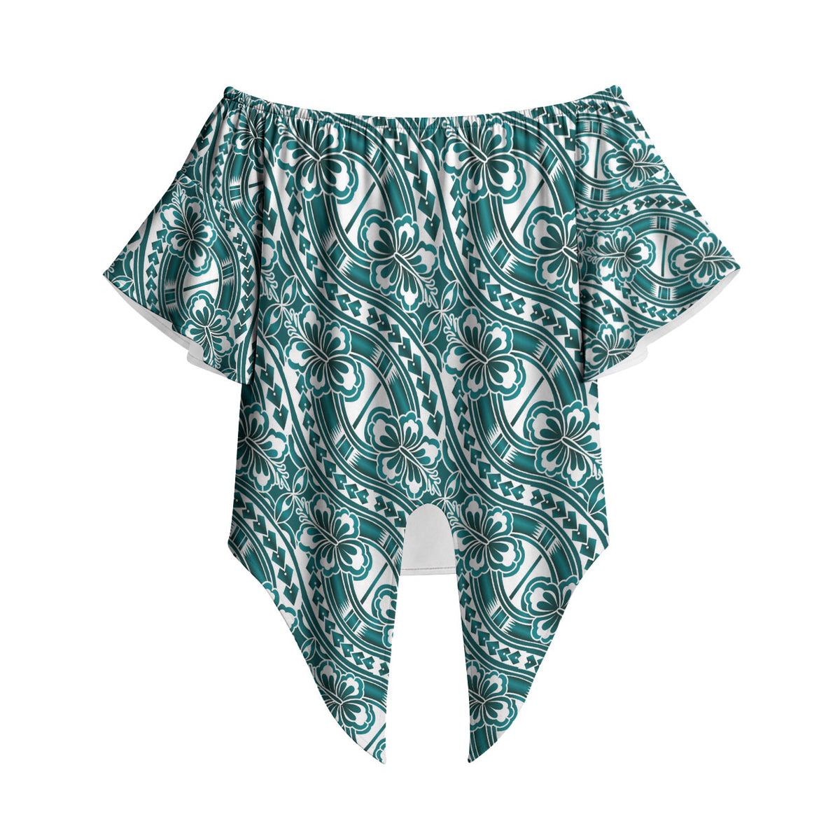 Hibiscus Bloom Island Tribal Waves Off Shoulder Wrap Waist Top Teal Polynesian Pattern LT01 - Polynesian Pride