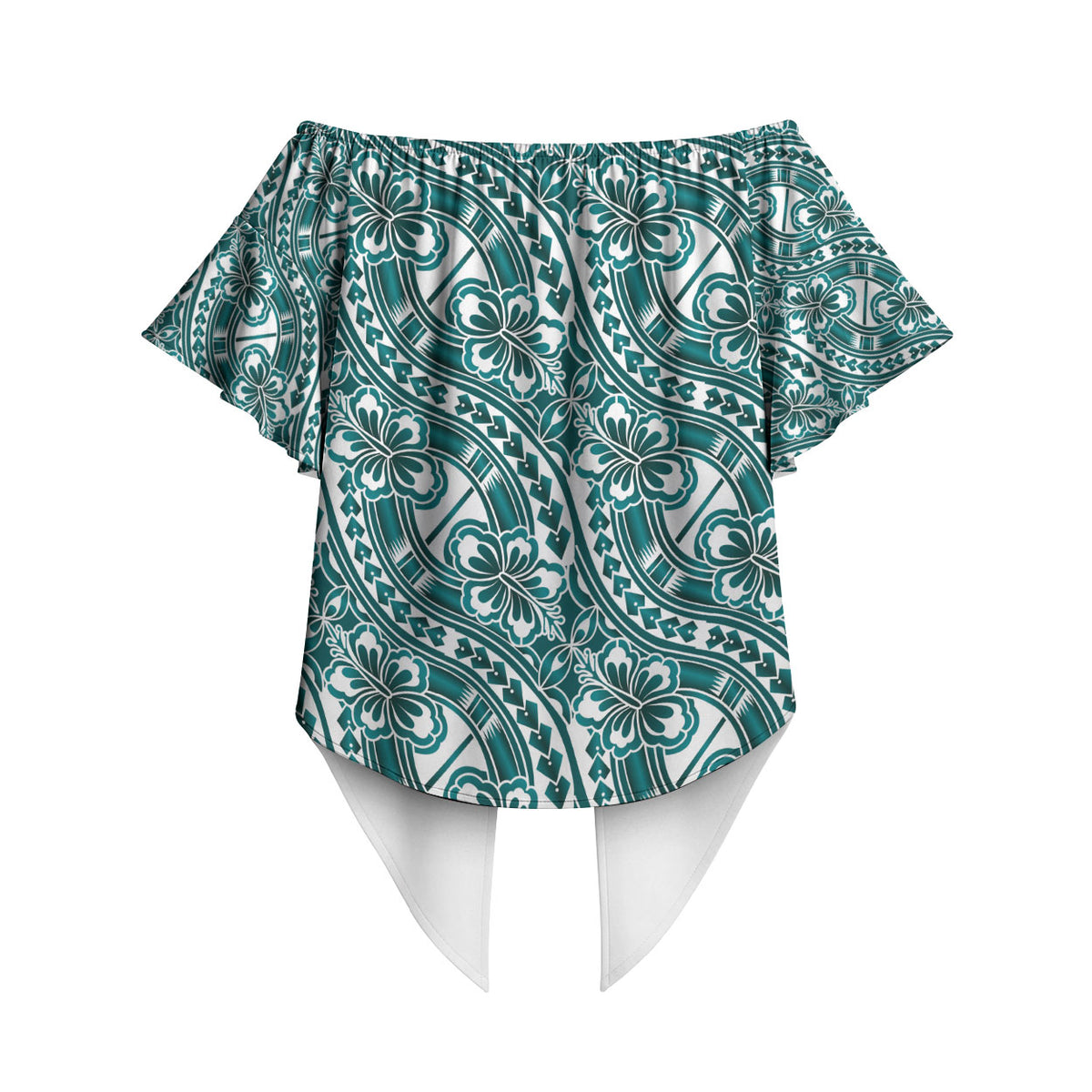 Hibiscus Bloom Island Tribal Waves Off Shoulder Wrap Waist Top Teal Polynesian Pattern LT01 - Polynesian Pride