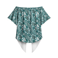 Hibiscus Bloom Island Tribal Waves Off Shoulder Wrap Waist Top Teal Polynesian Pattern LT01 - Polynesian Pride