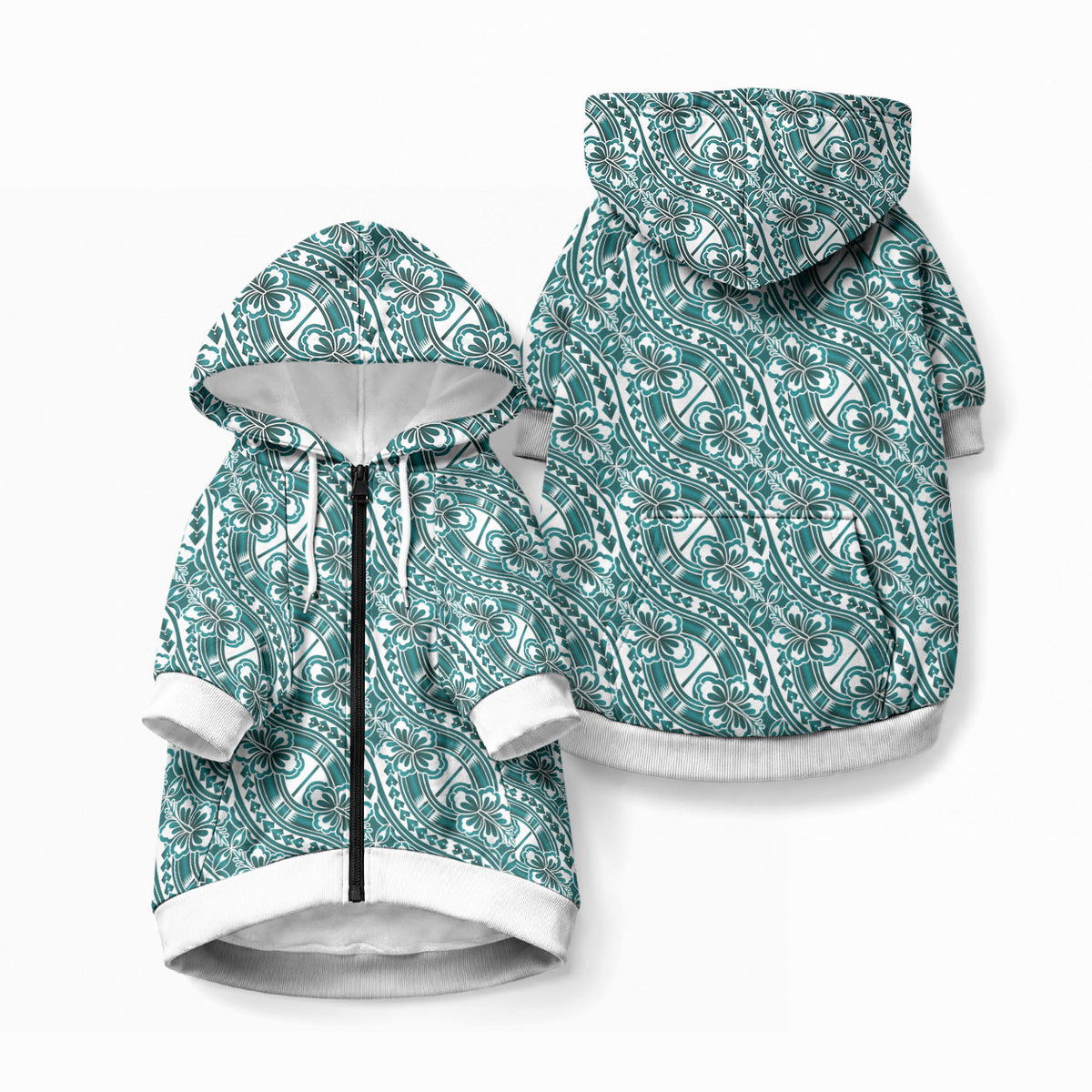 Hibiscus Bloom Island Tribal Waves Pet Hoodie Teal Polynesian Pattern LT01 Zip-up Teal - Polynesian Pride