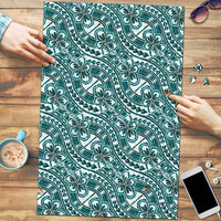 Hibiscus Bloom Island Tribal Waves Puzzle Teal Polynesian Pattern LT01 Teal - Polynesian Pride