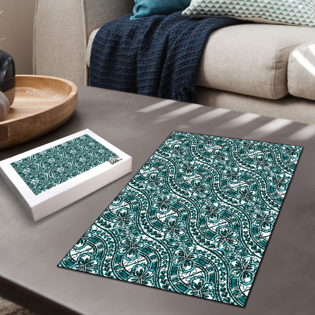 Hibiscus Bloom Island Tribal Waves Puzzle Teal Polynesian Pattern LT01 - Polynesian Pride