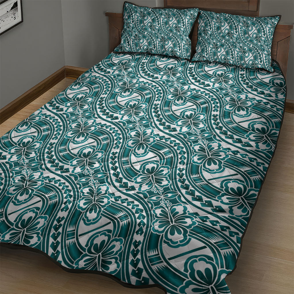 Hibiscus Bloom Island Tribal Waves Quilt Bed Set Teal Polynesian Pattern LT01 - Polynesian Pride