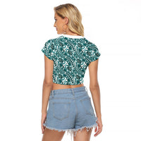 Hibiscus Bloom Island Tribal Waves Raglan Cropped T Shirt Teal Polynesian Pattern LT01 - Polynesian Pride