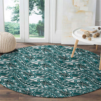 Hibiscus Bloom Island Tribal Waves Round Carpet Teal Polynesian Pattern