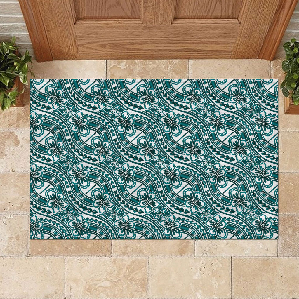 Hibiscus Bloom Island Tribal Waves Rubber Doormat Teal Polynesian Pattern LT01 Teal - Polynesian Pride