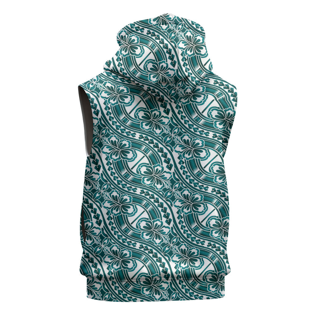Hibiscus Bloom Island Tribal Waves Sleeveless Hoodie Teal Polynesian Pattern LT01 - Polynesian Pride