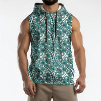 Hibiscus Bloom Island Tribal Waves Sleeveless Hoodie Teal Polynesian Pattern LT01 - Polynesian Pride