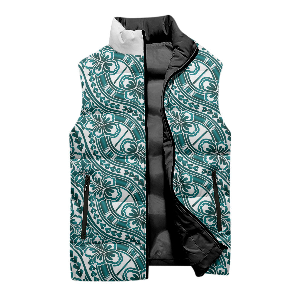 Hibiscus Bloom Island Tribal Waves Sleeveless Puffer Jacket Teal Polynesian Pattern LT01 - Polynesian Pride
