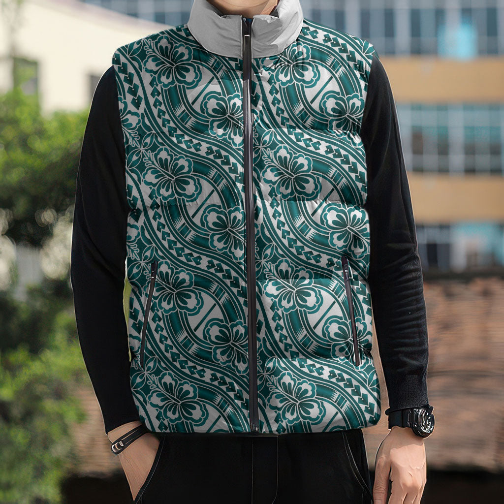 Hibiscus Bloom Island Tribal Waves Sleeveless Puffer Jacket Teal Polynesian Pattern LT01 - Polynesian Pride