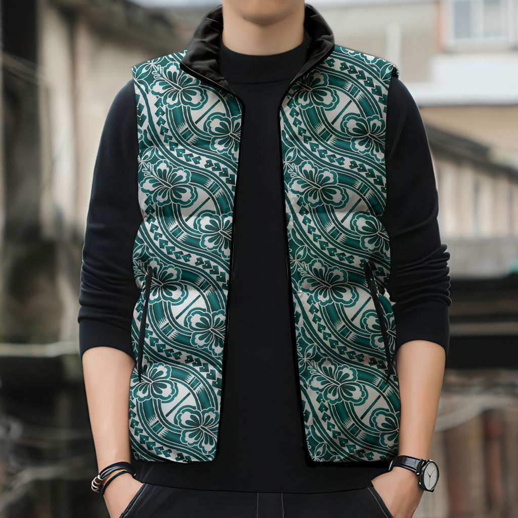 Hibiscus Bloom Island Tribal Waves Sleeveless Puffer Jacket Teal Polynesian Pattern LT01 - Polynesian Pride