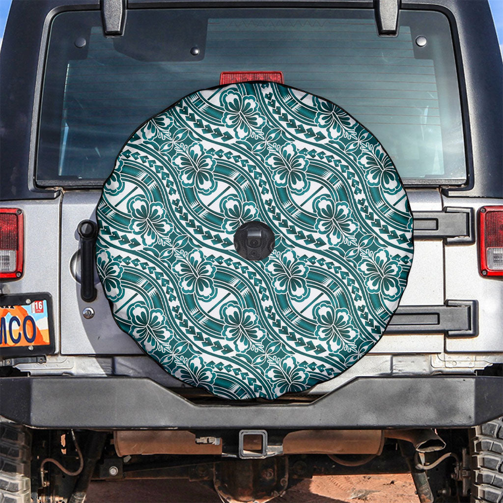 Hibiscus Bloom Island Tribal Waves Spare Tire Cover Teal Polynesian Pattern