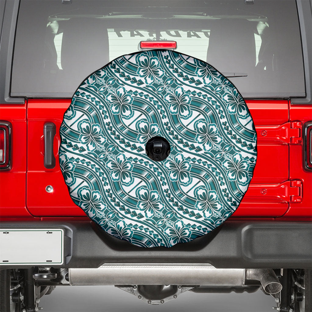 Hibiscus Bloom Island Tribal Waves Spare Tire Cover Teal Polynesian Pattern