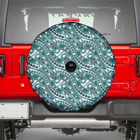 Hibiscus Bloom Island Tribal Waves Spare Tire Cover Teal Polynesian Pattern