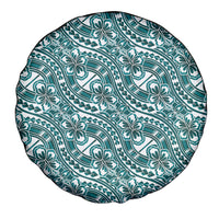 Hibiscus Bloom Island Tribal Waves Spare Tire Cover Teal Polynesian Pattern