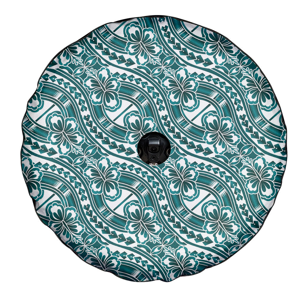 Hibiscus Bloom Island Tribal Waves Spare Tire Cover Teal Polynesian Pattern