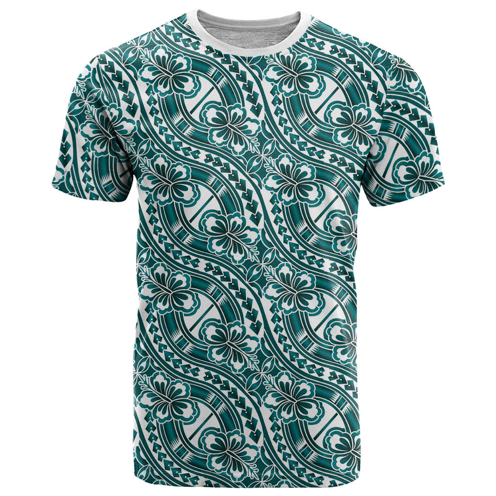 Hibiscus Bloom Island Tribal Waves T Shirt Teal Polynesian Pattern