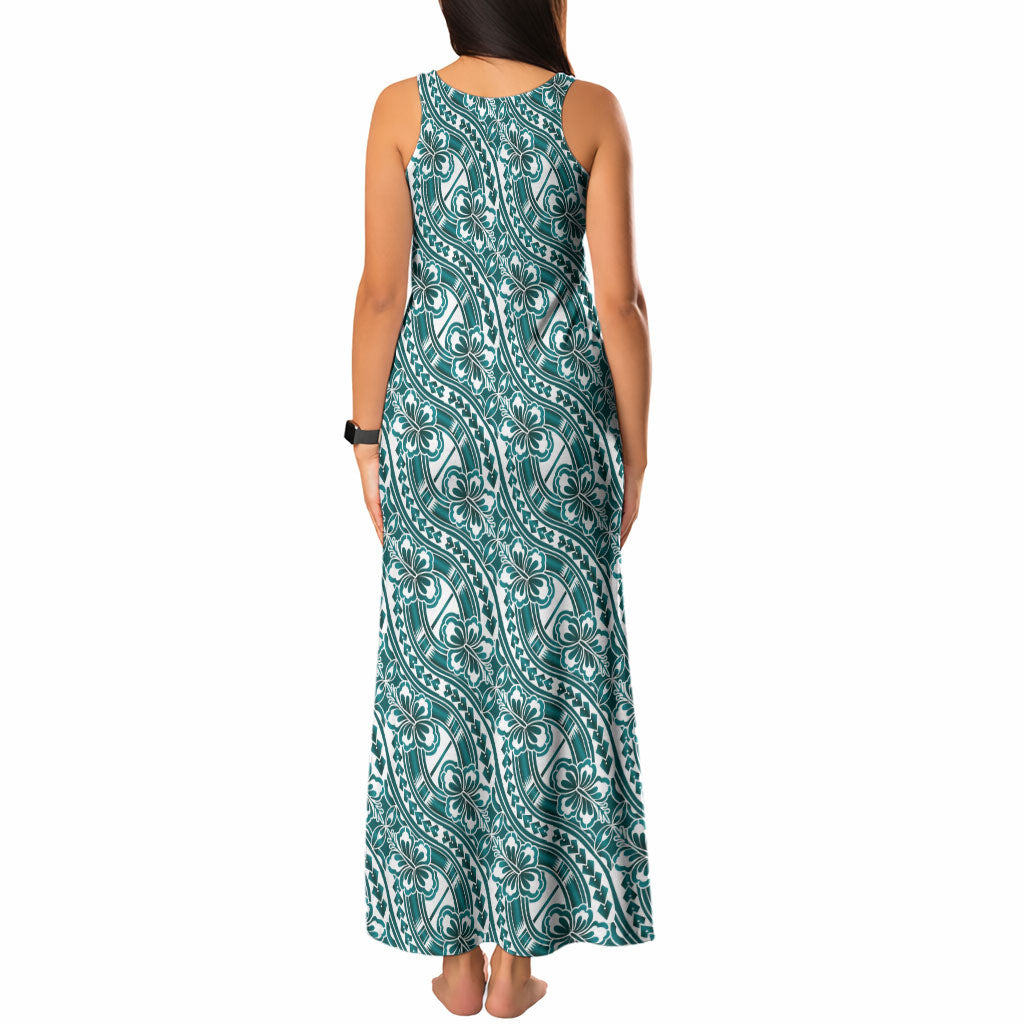 Hibiscus Bloom Island Tribal Waves Tank Maxi Dress Teal Polynesian Pattern LT01 - Polynesian Pride