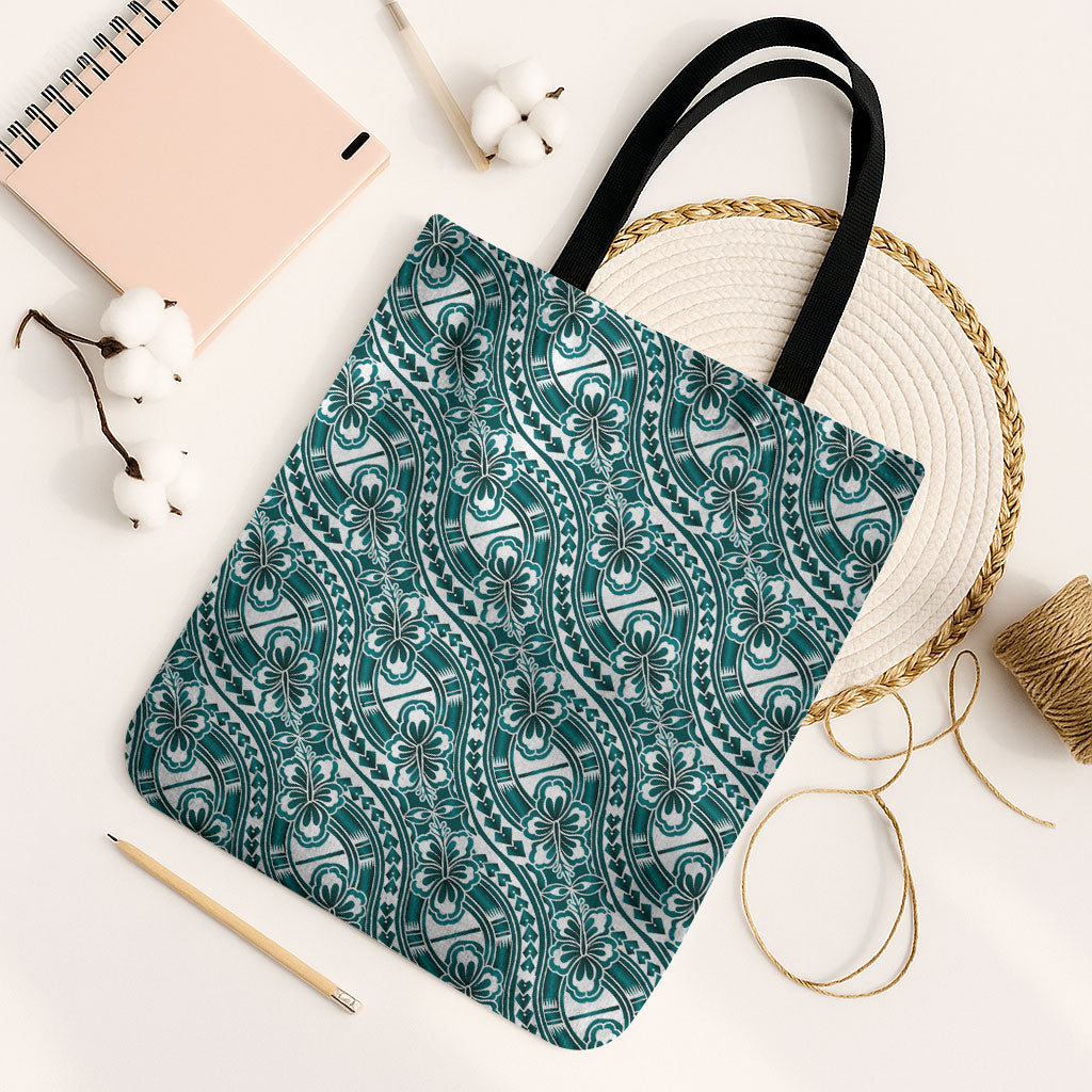 Hibiscus Bloom Island Tribal Waves Tote Bag Teal Polynesian Pattern LT01 Black Strap One Size Teal - Polynesian Pride