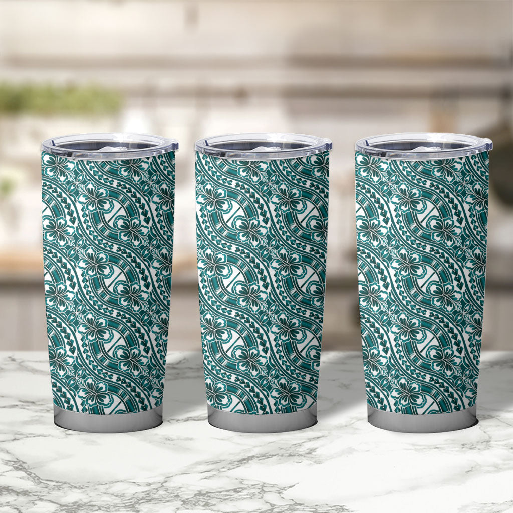 Hibiscus Bloom Island Tribal Waves Tumbler Cup Teal Polynesian Pattern LT01 - Polynesian Pride