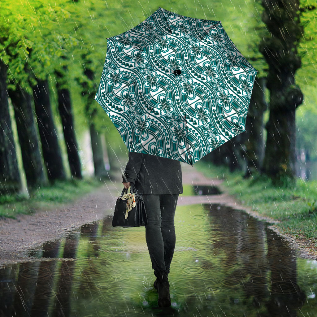 Hibiscus Bloom Island Tribal Waves Umbrella Teal Polynesian Pattern LT01 - Polynesian Pride