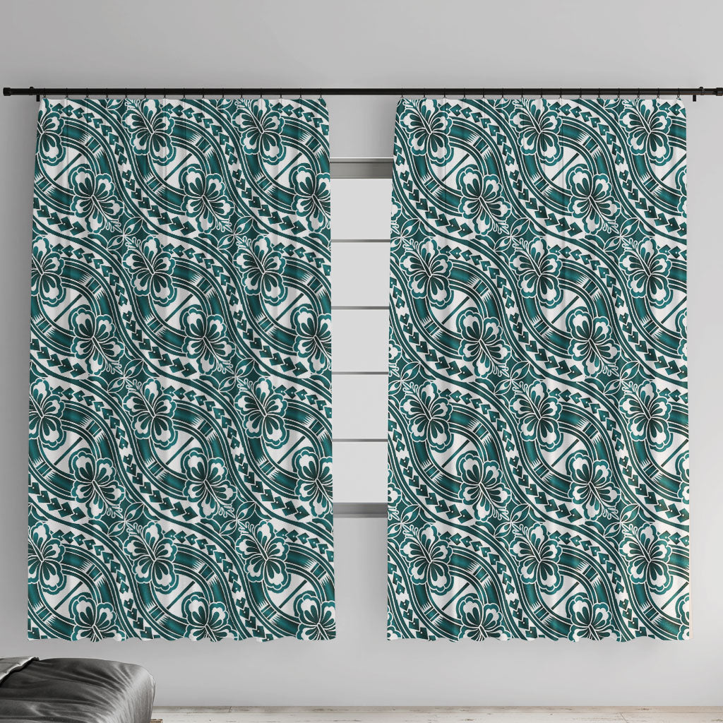 Hibiscus Bloom Island Tribal Waves Window Curtain Teal Polynesian Pattern LT01 With Hooks Teal - Polynesian Pride
