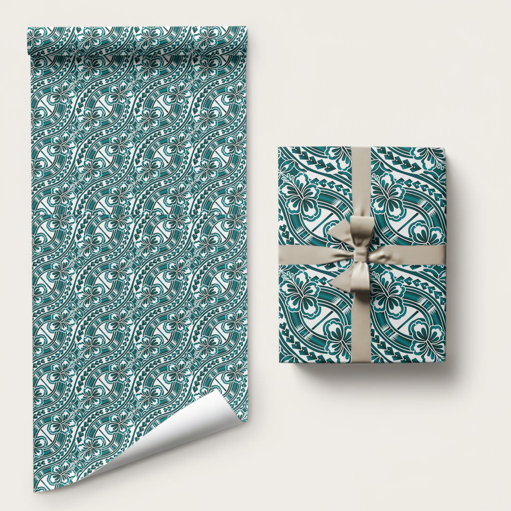 Hibiscus Bloom Island Tribal Waves Wrapping Paper Teal Polynesian Pattern LT01 58" × 23" Teal - Polynesian Pride