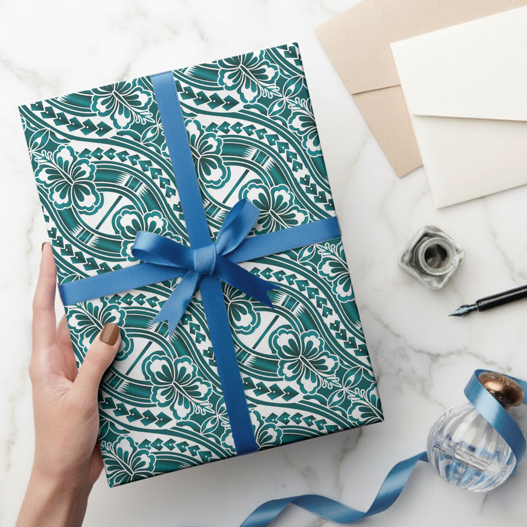 Hibiscus Bloom Island Tribal Waves Wrapping Paper Teal Polynesian Pattern LT01 - Polynesian Pride