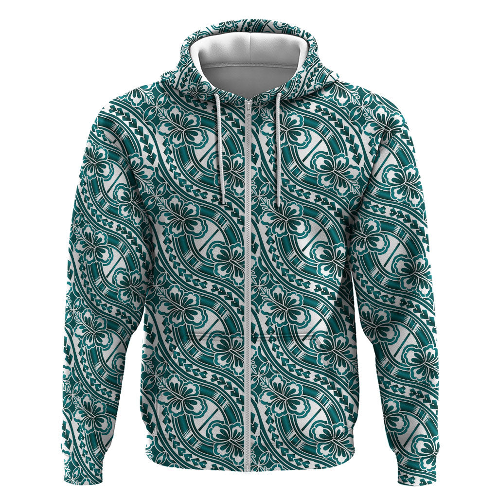 Hibiscus Bloom Island Tribal Waves Zip Hoodie Teal Polynesian Pattern LT01 Zip Hoodie Teal - Polynesian Pride