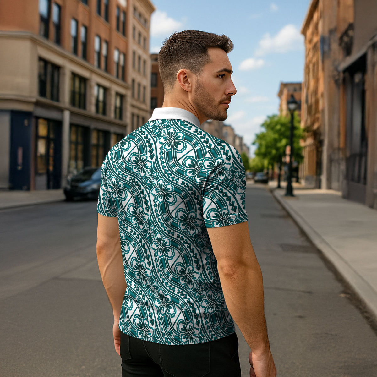 Hibiscus Bloom Island Tribal Waves Zipper Polo Shirt Teal Polynesian Pattern LT01 - Polynesian Pride
