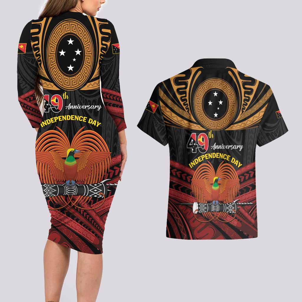 Papua New Guinea Bird of Paradise Couples Matching Long Sleeve Bodycon Dress and Hawaiian Shirt 16 September 1975 Independence Day Anniversary LT01 - Polynesian Pride