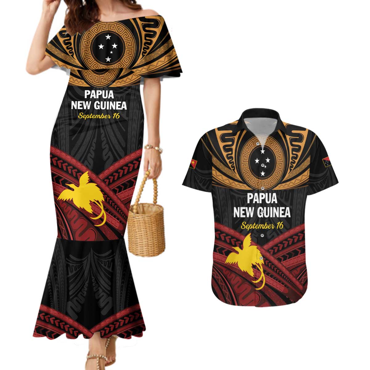 Papua New Guinea Bird of Paradise Couples Matching Mermaid Dress and Hawaiian Shirt 16 September 1975 Independence Day Anniversary LT01 Black - Polynesian Pride