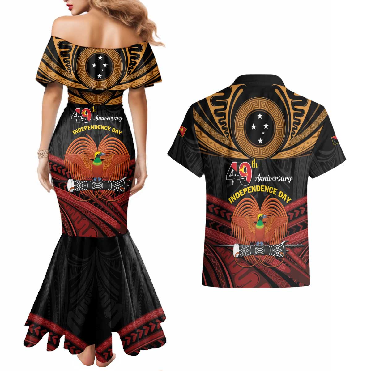 Papua New Guinea Bird of Paradise Couples Matching Mermaid Dress and Hawaiian Shirt 16 September 1975 Independence Day Anniversary LT01 - Polynesian Pride