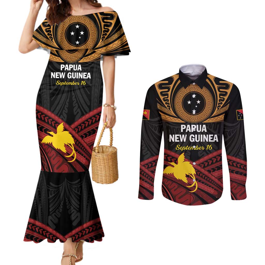 Papua New Guinea Bird of Paradise Couples Matching Mermaid Dress and Long Sleeve Button Shirt 16 September 1975 Independence Day Anniversary LT01 Black - Polynesian Pride