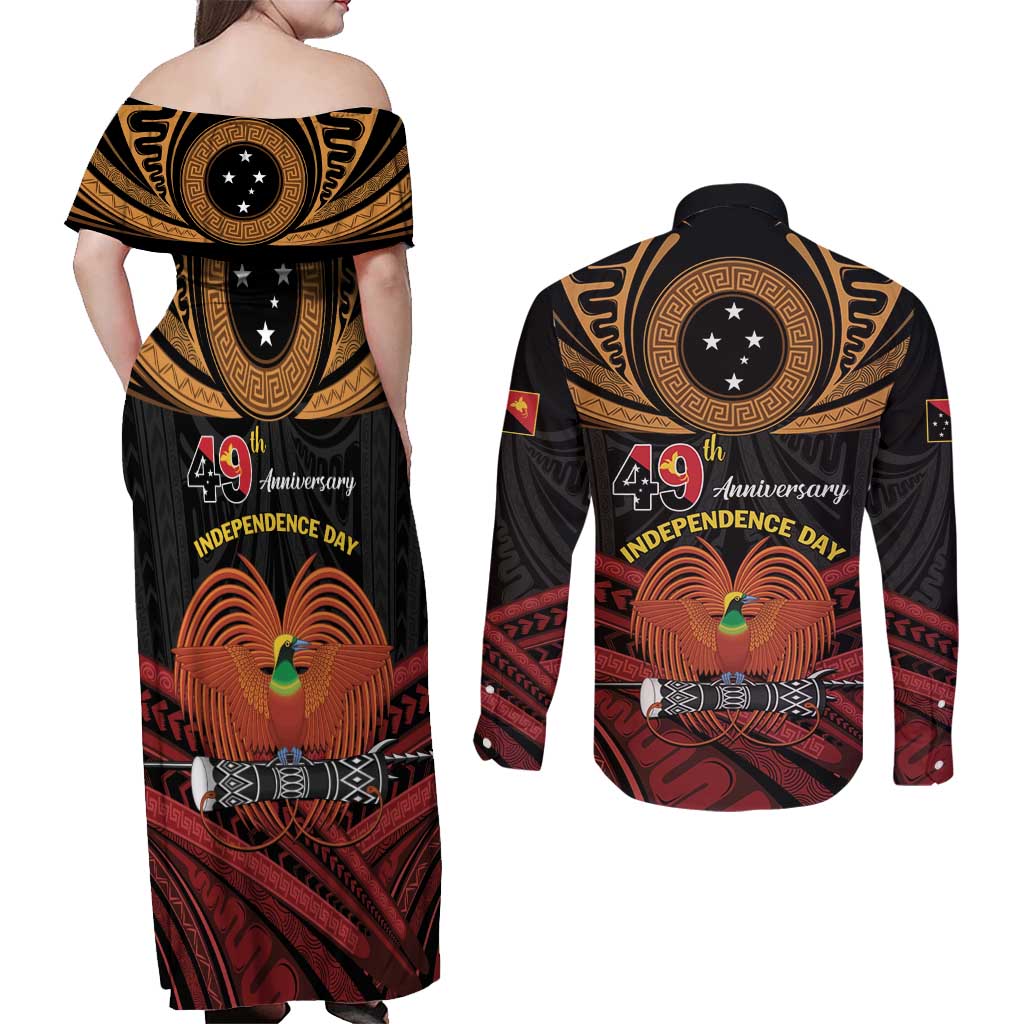 Papua New Guinea Bird of Paradise Couples Matching Off Shoulder Maxi Dress and Long Sleeve Button Shirt 16 September 1975 Independence Day Anniversary LT01 - Polynesian Pride