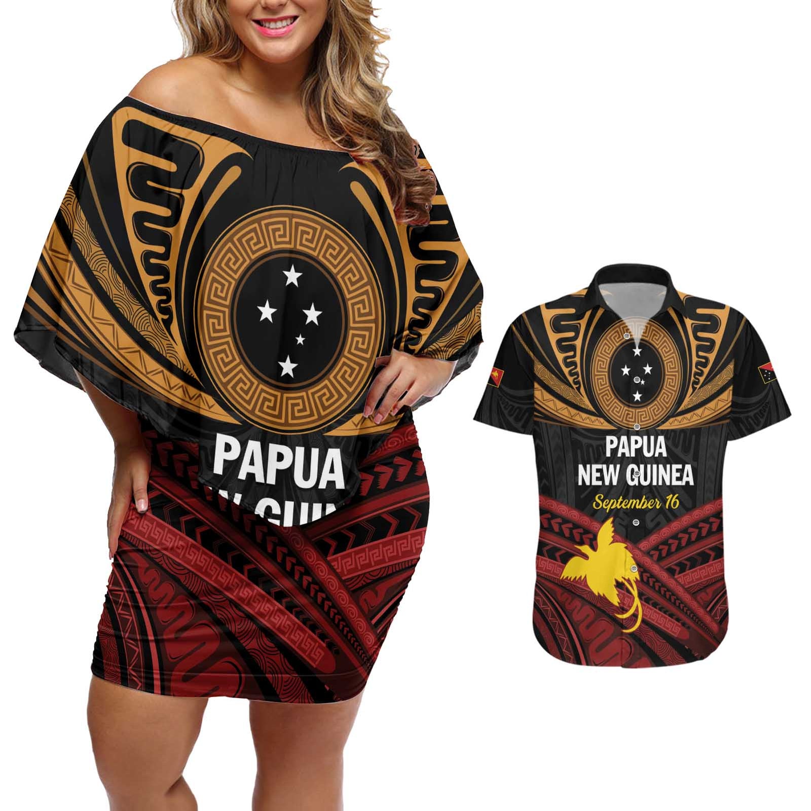 Papua New Guinea Bird of Paradise Couples Matching Off Shoulder Short Dress and Hawaiian Shirt 16 September 1975 Independence Day Anniversary