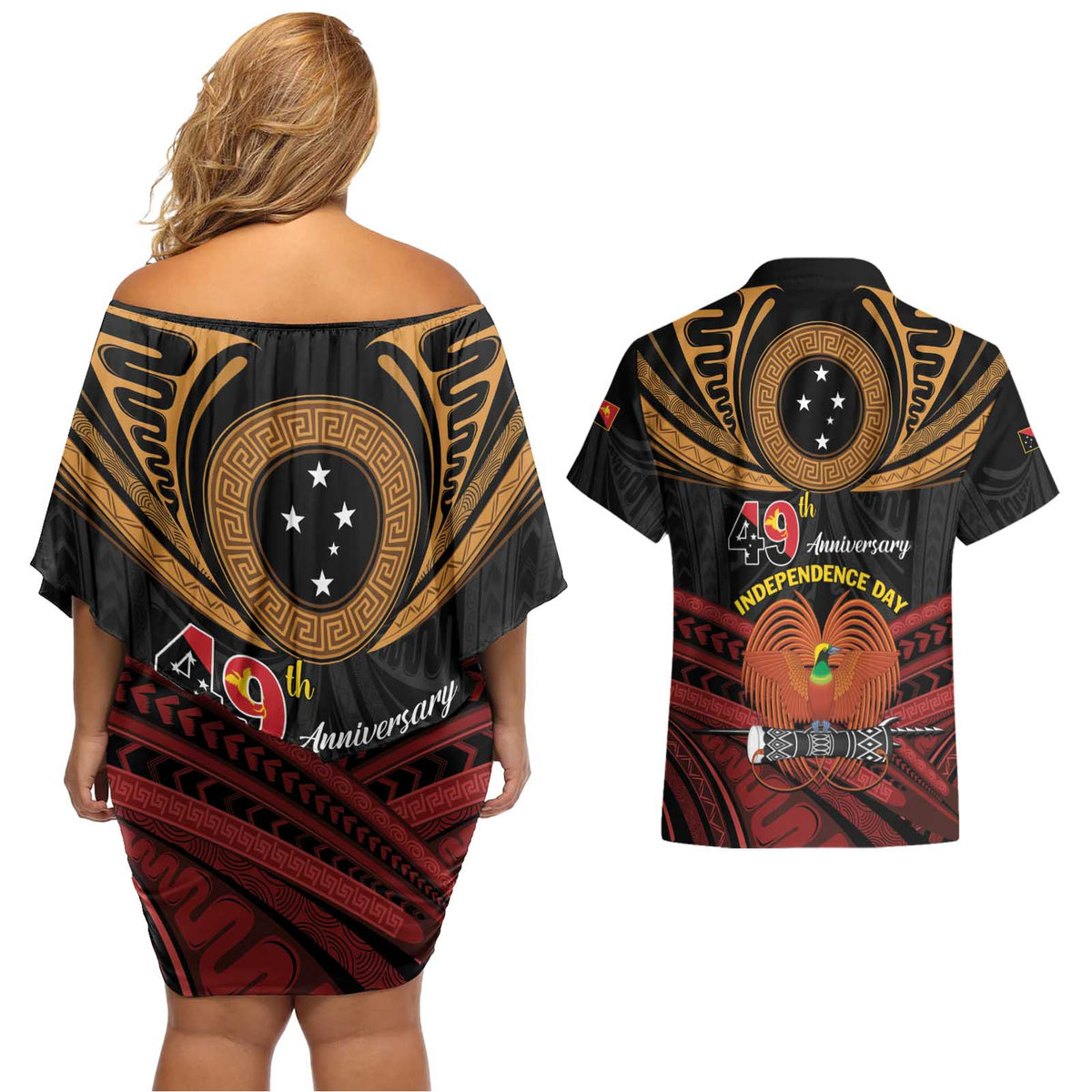 Papua New Guinea Bird of Paradise Couples Matching Off Shoulder Short Dress and Hawaiian Shirt 16 September 1975 Independence Day Anniversary LT01 - Polynesian Pride