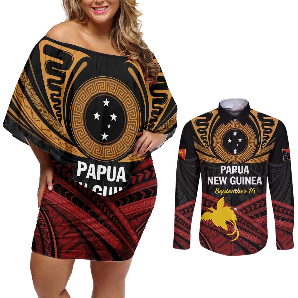 Papua New Guinea Bird of Paradise Couples Matching Off Shoulder Short Dress and Long Sleeve Button Shirt 16 September 1975 Independence Day Anniversary LT01 Black - Polynesian Pride