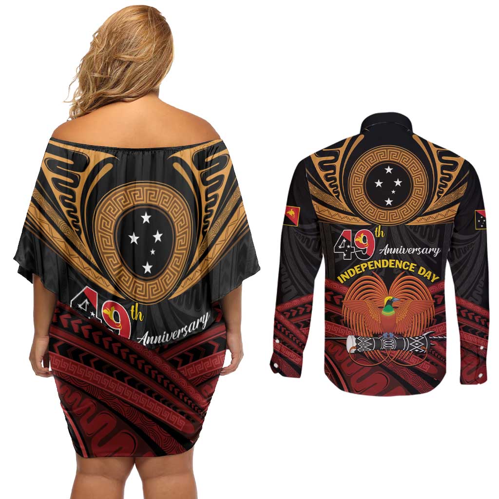 Papua New Guinea Bird of Paradise Couples Matching Off Shoulder Short Dress and Long Sleeve Button Shirt 16 September 1975 Independence Day Anniversary LT01 - Polynesian Pride