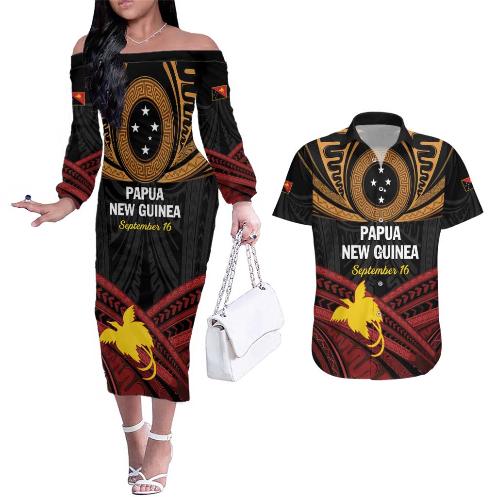 Papua New Guinea Bird of Paradise Couples Matching Off The Shoulder Long Sleeve Dress and Hawaiian Shirt 16 September 1975 Independence Day Anniversary LT01 Black - Polynesian Pride