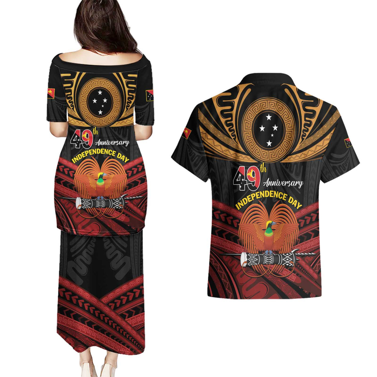 Papua New Guinea Bird of Paradise Couples Matching Puletasi and Hawaiian Shirt 16 September 1975 Independence Day Anniversary LT01 - Polynesian Pride