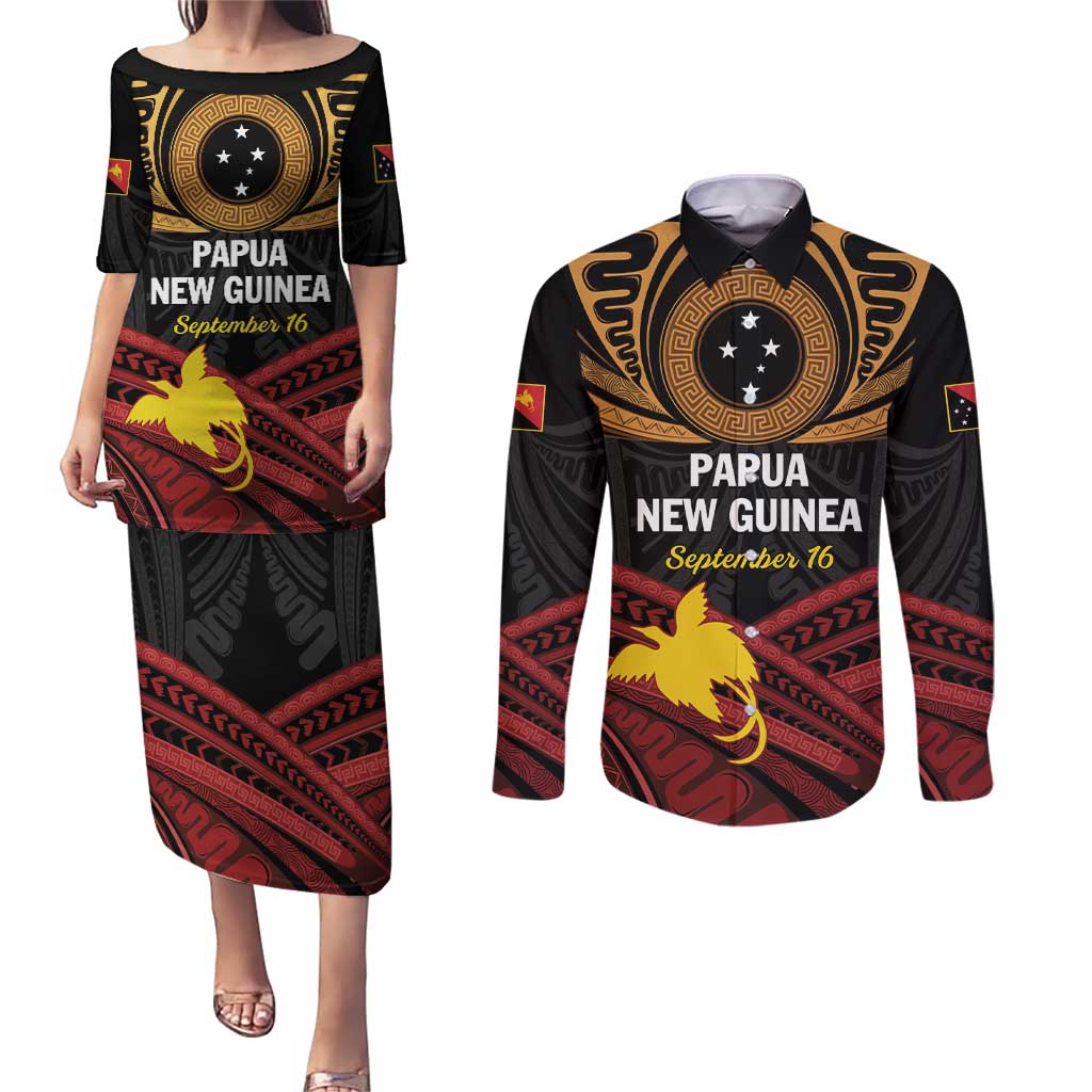 Papua New Guinea Bird of Paradise Couples Matching Puletasi and Long Sleeve Button Shirt 16 September 1975 Independence Day Anniversary LT01 Black - Polynesian Pride