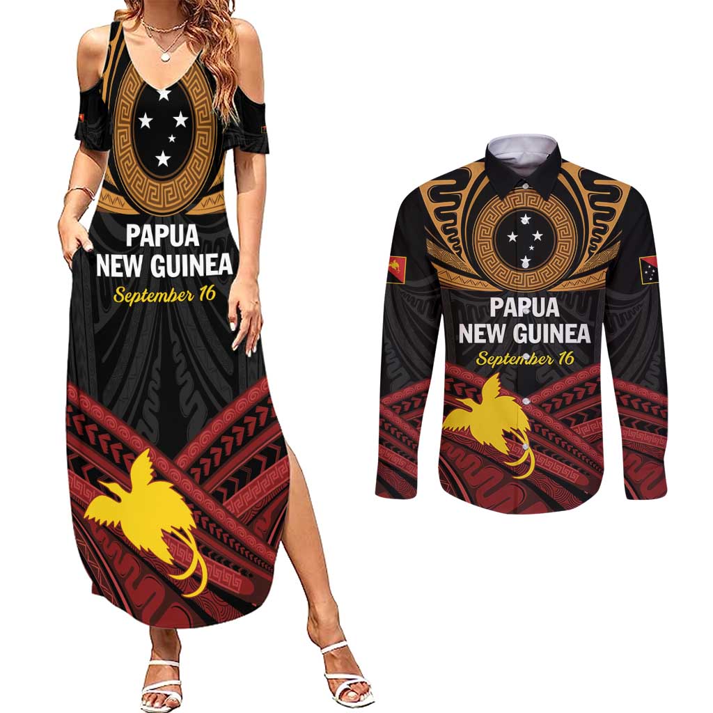 Papua New Guinea Bird of Paradise Couples Matching Summer Maxi Dress and Long Sleeve Button Shirt 16 September 1975 Independence Day Anniversary LT01 Black - Polynesian Pride