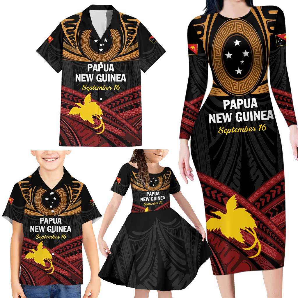 Papua New Guinea Bird of Paradise Family Matching Long Sleeve Bodycon Dress and Hawaiian Shirt 16 September 1975 Independence Day Anniversary LT01 - Polynesian Pride