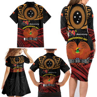 Papua New Guinea Bird of Paradise Family Matching Long Sleeve Bodycon Dress and Hawaiian Shirt 16 September 1975 Independence Day Anniversary LT01 - Polynesian Pride