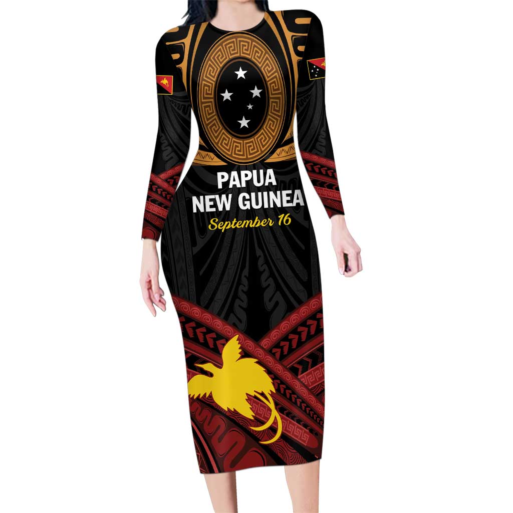 Papua New Guinea Bird of Paradise Family Matching Long Sleeve Bodycon Dress and Hawaiian Shirt 16 September 1975 Independence Day Anniversary LT01 Mom's Dress Black - Polynesian Pride