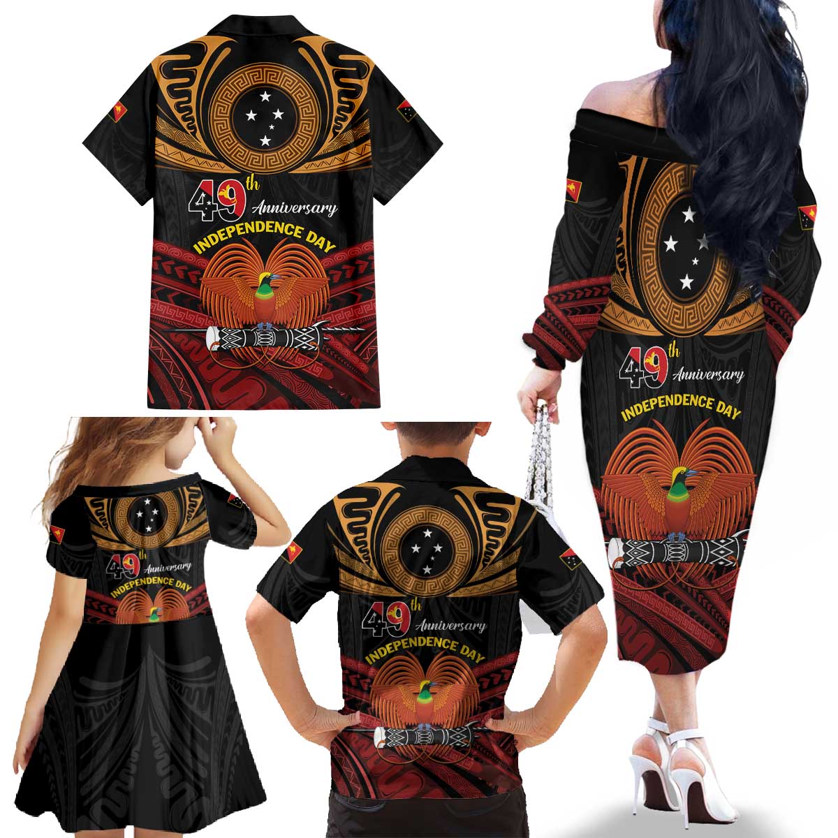 Papua New Guinea Bird of Paradise Family Matching Off The Shoulder Long Sleeve Dress and Hawaiian Shirt 16 September 1975 Independence Day Anniversary LT01 - Polynesian Pride