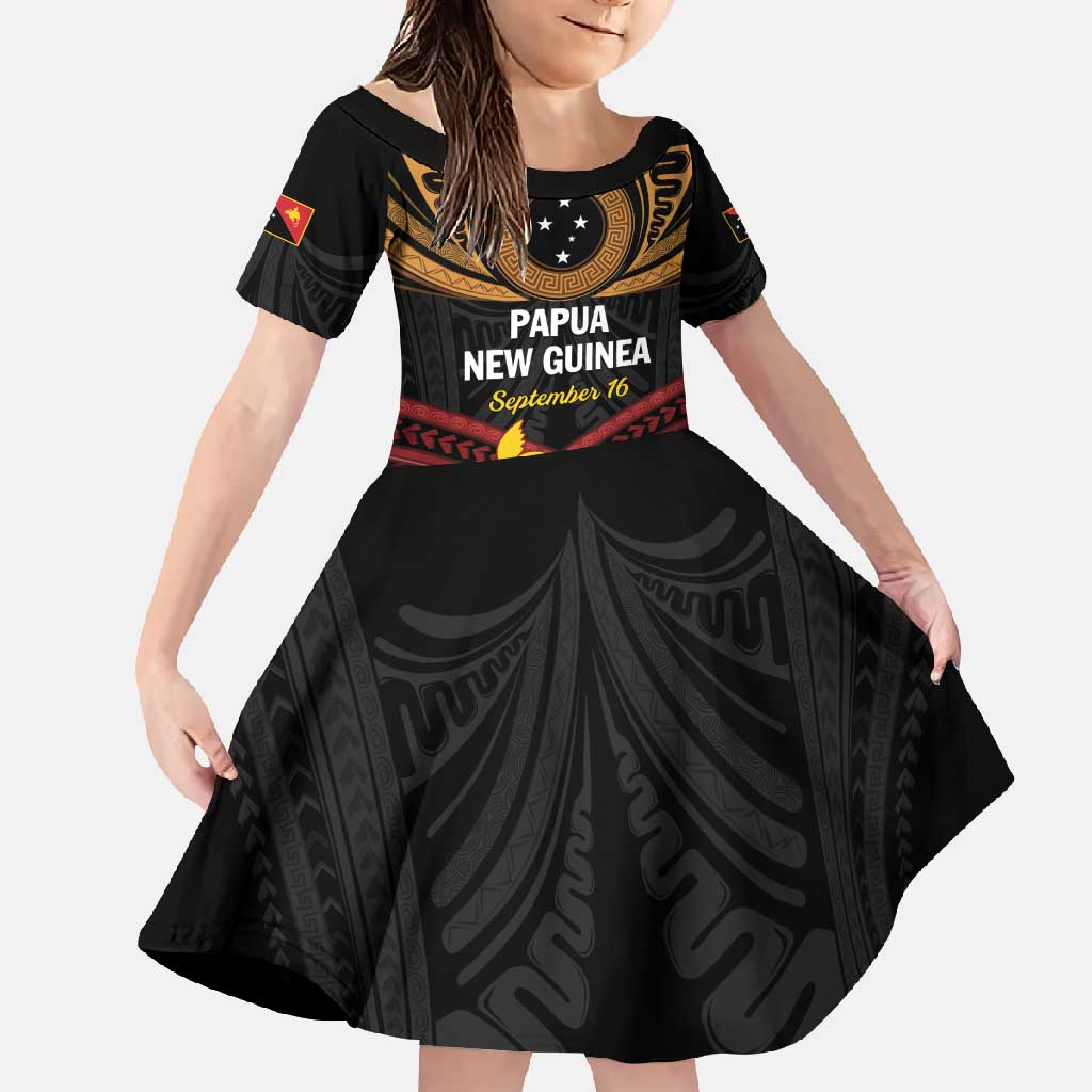 Papua New Guinea Bird of Paradise Family Matching Off Shoulder Maxi Dress and Hawaiian Shirt 16 September 1975 Independence Day Anniversary LT01 Daughter's Dress Black - Polynesian Pride