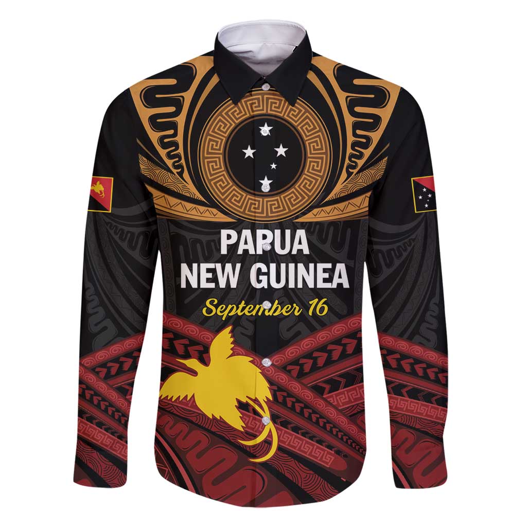 Papua New Guinea Bird of Paradise Family Matching Off Shoulder Maxi Dress and Hawaiian Shirt 16 September 1975 Independence Day Anniversary LT01 Dad's Shirt - Long Sleeve Black - Polynesian Pride